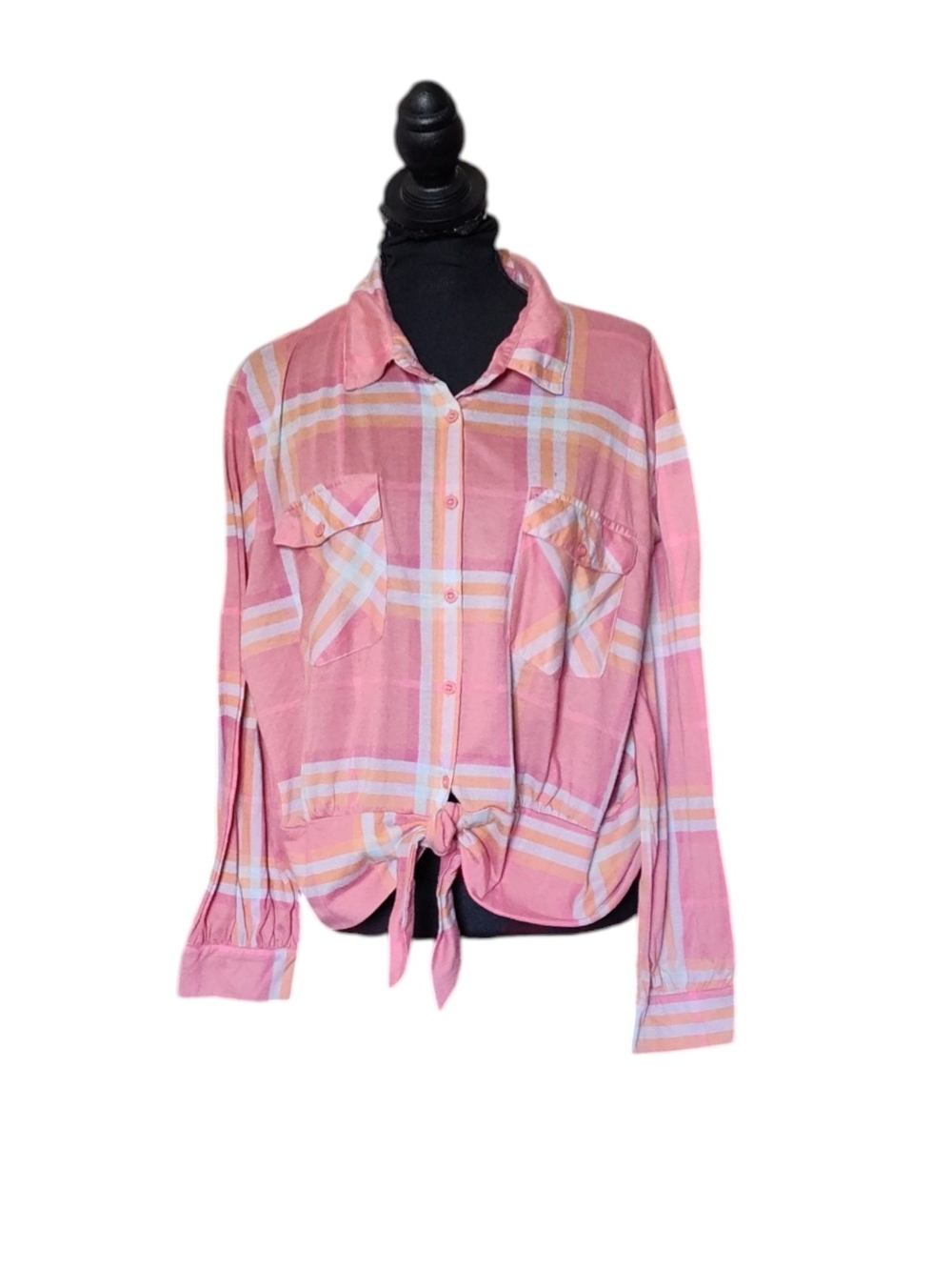 paper tee Pink Plaid Button-Down Tie Front Shirt